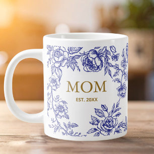 Classic Flowers Toile De Jouy Blue Mothers Day  Large Coffee Mug