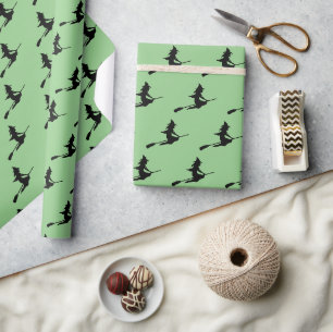 Classic Flying Witch on Broom Black & Light Green Wrapping Paper