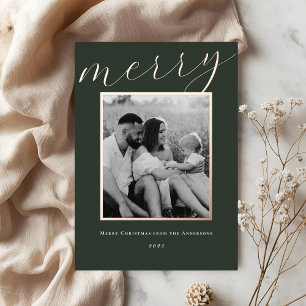 Classic Forest Green and Gold Frame Family Photo Foil Holiday Card