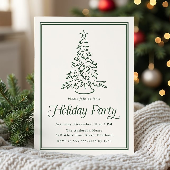 Classic Forest Green Border Christmas Tree Holiday Invitation (Creator Uploaded)