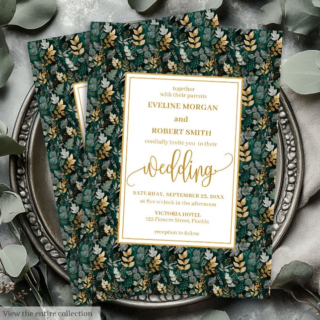 Classic Forest Green Gold Foliage Wedding Invites (Classic Forest Green Gold Foliage Wedding Invitation)