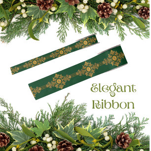 Classic Forest Green Gold Medallion Satin Ribbon