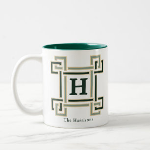 Classic Forest Green Greek Key Family Est Monogram Two-Tone Coffee Mug