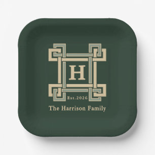 Classic Forest Green Greek Key Monogrammed Paper Plate