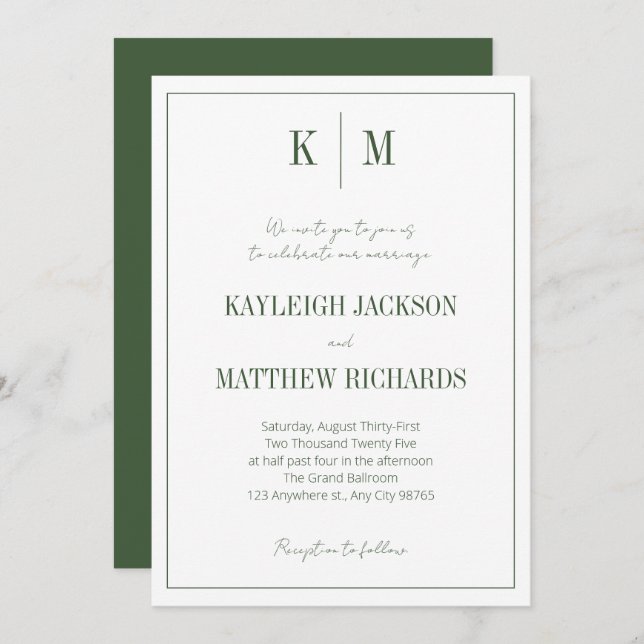 Classic Forest Green Monogram Elegant Wedding  Invitation (Front/Back)