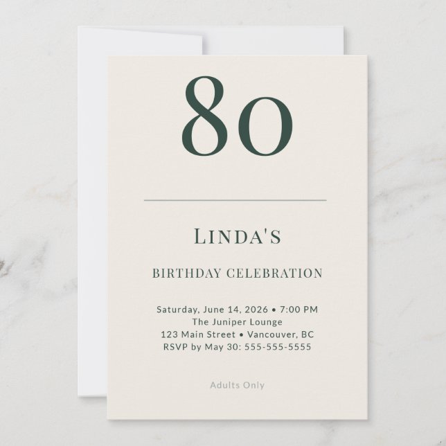Classic Forest & Linen 80th Birthday Celebration Invitation (Front)