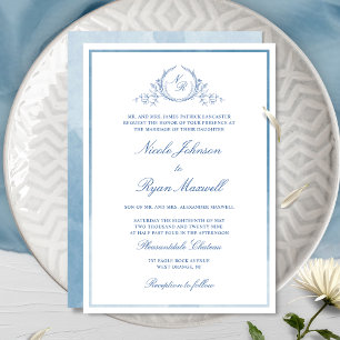 Classic Formal Blue Monogram Wedding Invitation