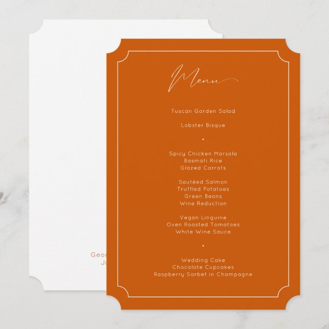 Classic Formal Calligraphy Burnt Orange Wedding Menu (Front/Back)