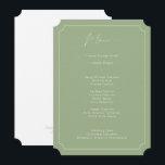 Classic Formal Calligraphy Sage Green Wedding Menu<br><div class="desc">This classic sage green menu card in ticket shape features modern calligraphy and contemporary typography. Perfect for a modern yet classic wedding or any other formal event, wedding with a Sage Green colour theme or elegant wedding. On the back is room for your names and wedding date - or simply...</div>