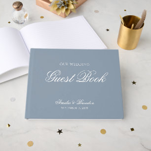 Classic Formal Dusty Blue & White Script Wedding Guest Book