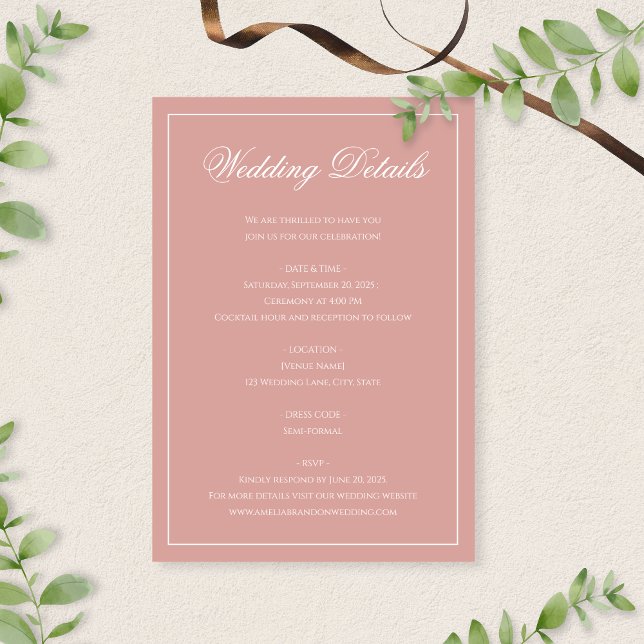 Classic Formal Dusty Rose Script Wedding Details Enclosure Card (Creator Uploaded)