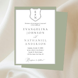 Classic Formal Elegant Crest Script Green Wedding Invitation