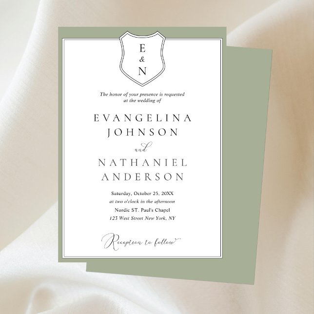 Classic Formal Elegant Crest Script Green Wedding Invitation (Creator Uploaded)