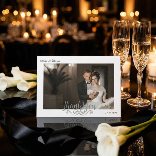 Classic Formal Filigree Wedding Photo Landscape Thank You Card (Creator Uploaded)