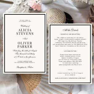 Classic formal minimal ivory black wedding invitation