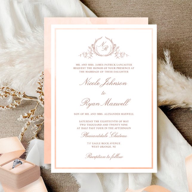 Classic  Formal Monogram Peach Watercolor Wedding Invitation (Creator Uploaded)