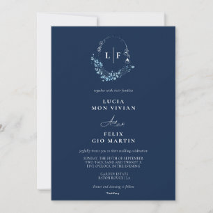Classic Formal Navy Blue Monogram Initial Wedding Invitation