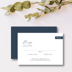 Classic Formal Navy Blue Monogram Script Wedding RSVP Card