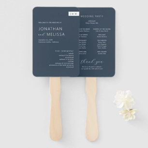 Classic Formal Navy Blue Monogram Wedding Program Hand Fan