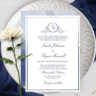 Classic Formal Navy Monogram Watercolor Wedding Invitation