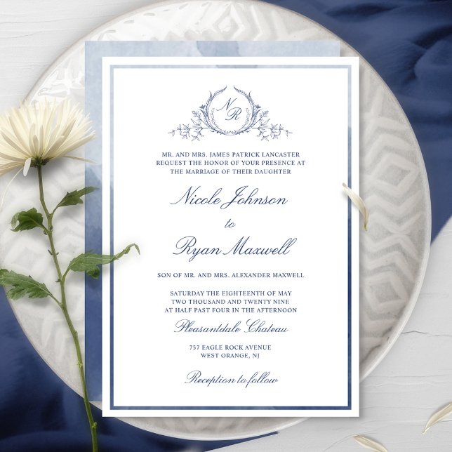 Classic Formal Navy Monogram Watercolor Wedding Invitation (Creator Uploaded)