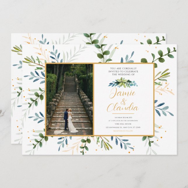 Classic formal wedding invitations eucalyptus  (Front/Back)