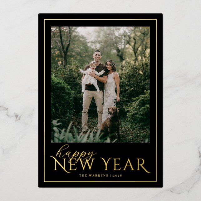 Classic Frame New Year Photo Foil Holiday Card (Front)