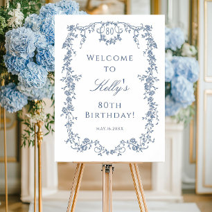 Classic French Blue 80th Birthday Party Welcome Poster