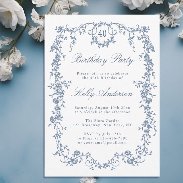 Classic French Blue Floral 40th Birthday Party Invitation (Creator Uploaded)