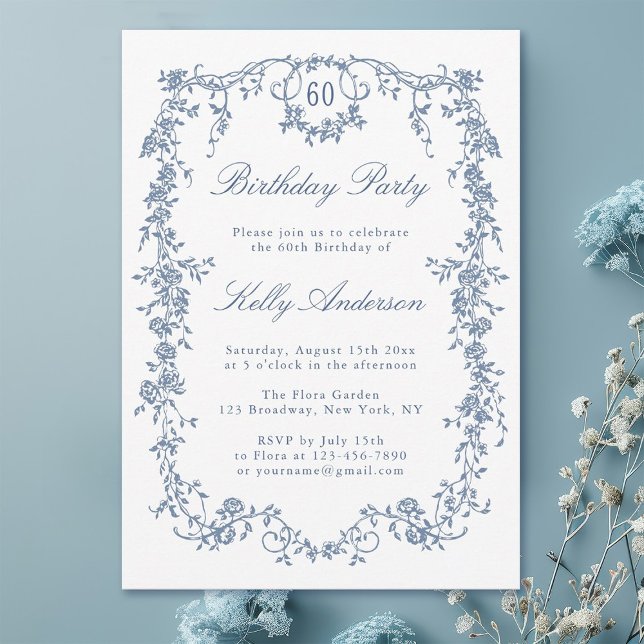 Classic French Blue Floral 60th Birthday Party Invitation (Creator Uploaded)