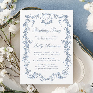 Classic French Blue Floral 70th Birthday Party Invitation