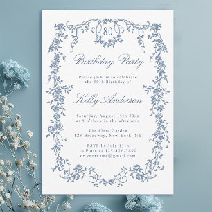 Classic French Blue Floral 80th Birthday Party Invitation