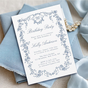 Classic French Blue Floral 90th Birthday Party Invitation