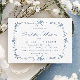 Classic French Blue Floral Couples Shower Invitation