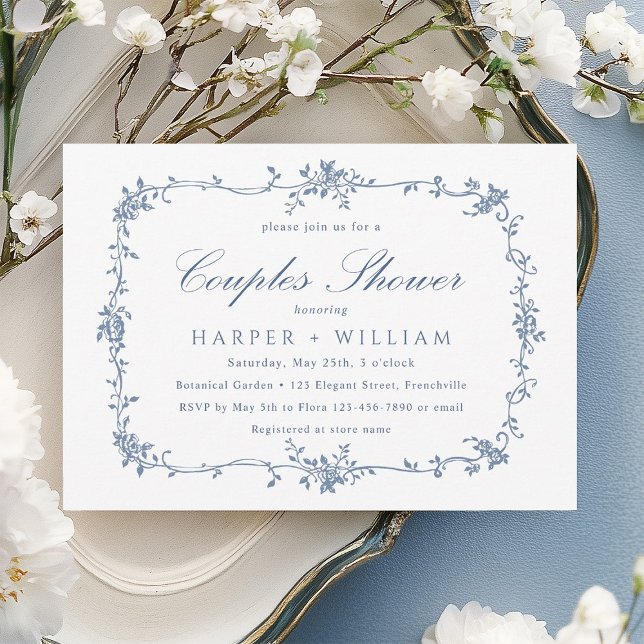 Classic French Blue Floral Couples Shower Invitation (Creator Uploaded)
