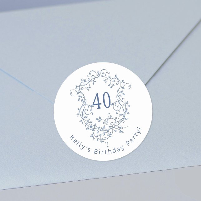 Classic French Blue Floral Crest 40th Birthday  Round Sticker (Creator Uploaded)