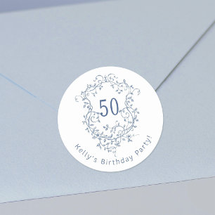 Classic French Blue Floral Crest 50th Birthday  Classic Round Sticker
