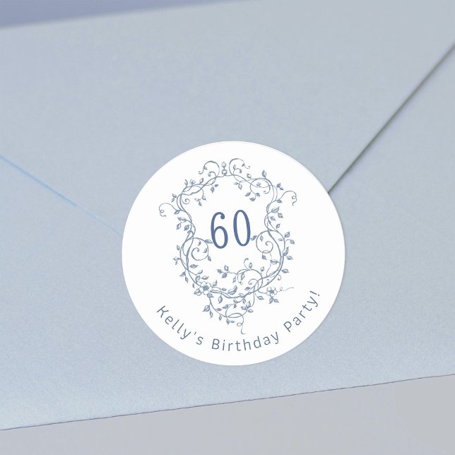 Classic French Blue Floral Crest 60th Birthday  Classic Round Sticker (Creator Uploaded)