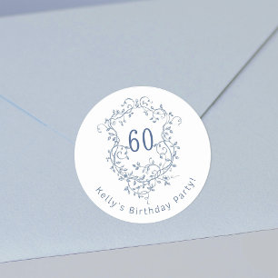 Classic French Blue Floral Crest 60th Birthday Round Sticker