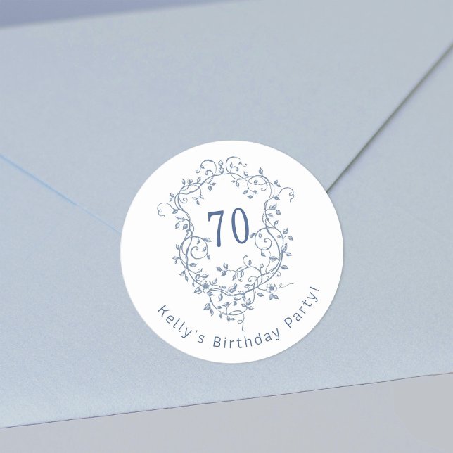 Classic French Blue Floral Crest 70th Birthday  Classic Round Sticker (Creator Uploaded)