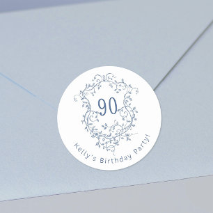 Classic French Blue Floral Crest 90th Birthday  Classic Round Sticker