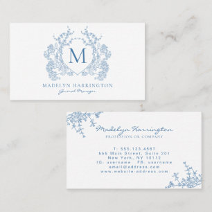 Classic French Blue Floral Crest Monogram Business Card