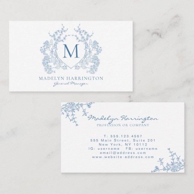Classic French Blue Floral Crest Monogram Business Card (Front/Back)