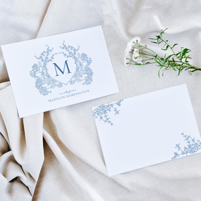 Classic French Blue Floral Crest Monogram Card (Creator Uploaded)