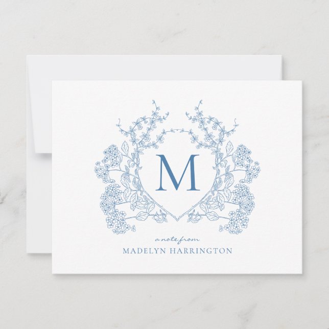 Classic French Blue Floral Crest Monogram Card (Front)