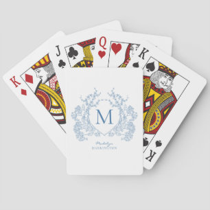 Classic French Blue Floral Crest Monogram Playing Cards