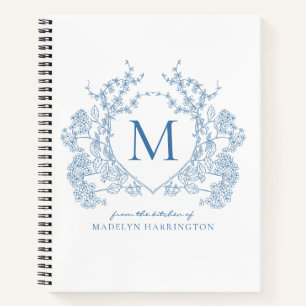 Classic French Blue Floral Crest Monogram Recipe Notebook