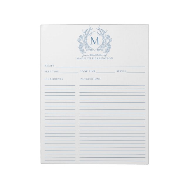 Classic French Blue Floral Crest Monogram Recipe Notepad (Rotated)