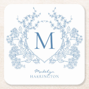 Classic French Blue Floral Crest Monogram Square Paper Coaster