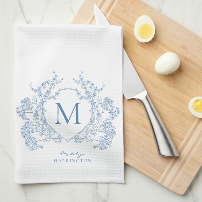Classic French Blue Floral Crest Monogram Tea Towel (Quarter Fold)